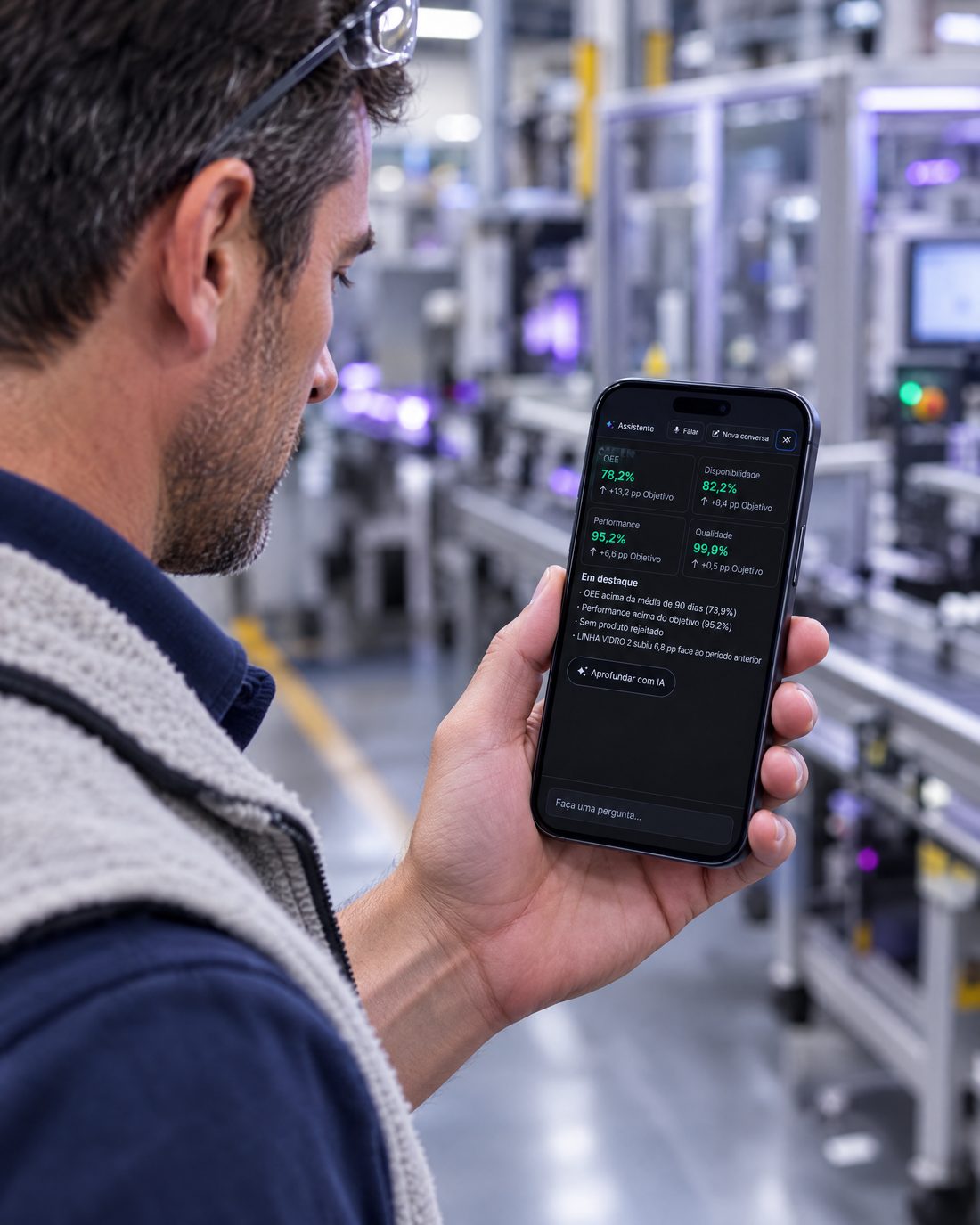 Responsável de produção consulta os destaques do EF Copilot no telemóvel junto à linha