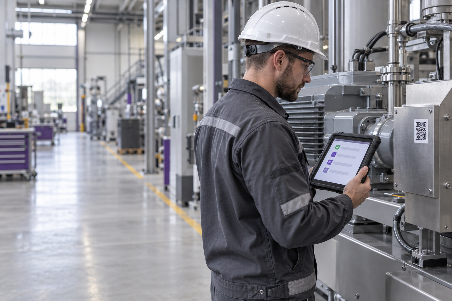 Técnico de manutenção consulta uma ordem no tablet junto ao equipamento