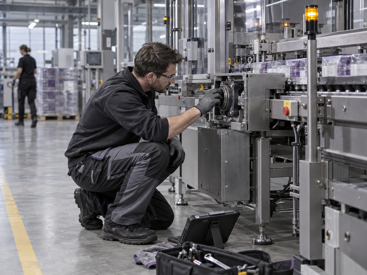 Técnico a diagnosticar uma avaria numa máquina de produção parada.