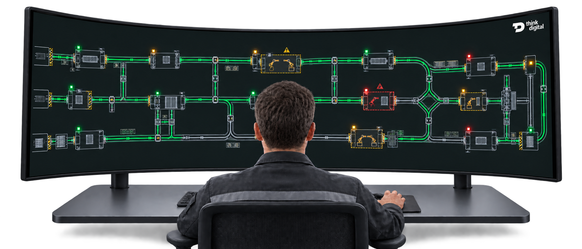 Operador visto de costas a observar um sinóptico SCADA simplificado da linha de montagem num monitor ultrawide curvo